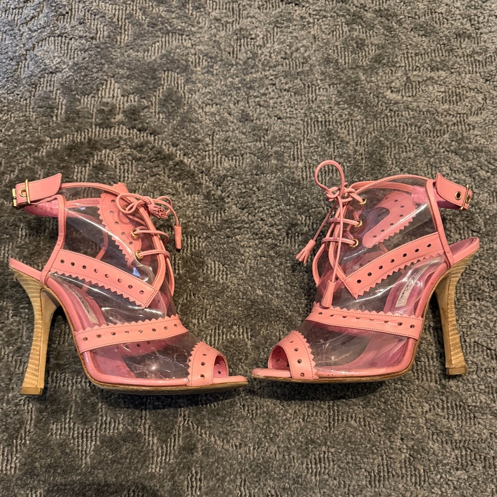 Oscar de la Renta PVC and Leather Pink Lace-Up Heels - Picture 2 of 5